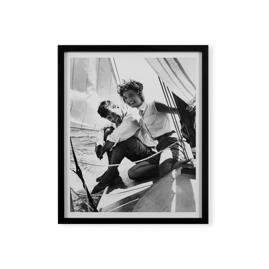 Jackie and Jack on a boat - Black Wood Framed Print