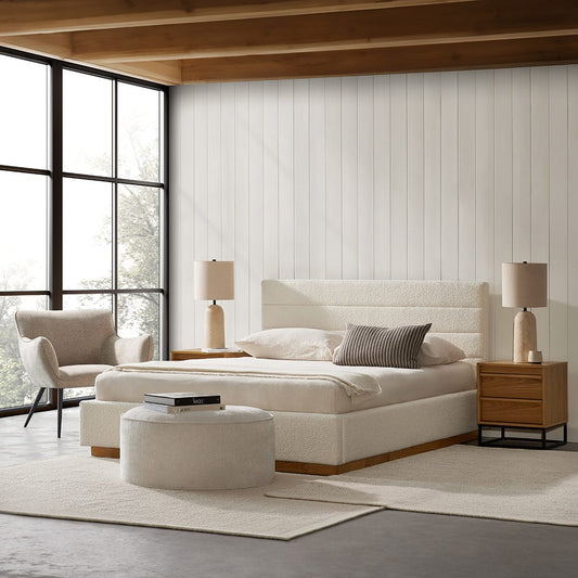 Plinth - Modern Ivory Bouclé Fabric Upholstered Bed