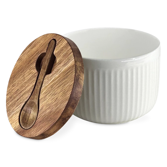 Bia - Porcelain and Acacia Wood Salt Pot